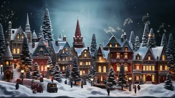 jul by med jul träd. vinter- snöig små mysigt gata med lampor i hus. vinter- högtider natt tid bakgrund. glad jul årgång retro illustration bakgrund. foto