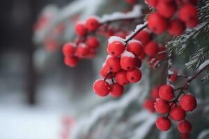 ai genererad röd bär på en träd gren i de snö foto