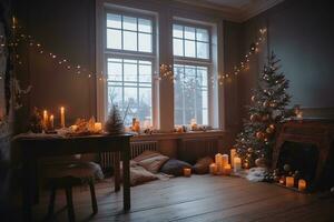 ai genererad en rum med ljus och jul dekorationer foto