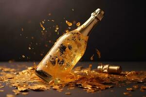 ai genererad en flaska av champagne är stänkte med guld foto