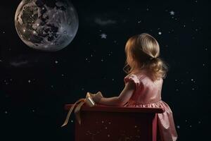 ai genererad en liten flicka Sammanträde på en stol ser på de måne foto