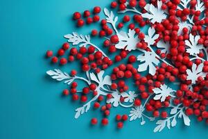 ai genererad jul träd med röd bär på blå bakgrund foto