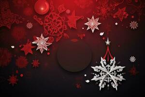 ai genererad en röd och svart jul bakgrund med snöflingor och stjärnor foto