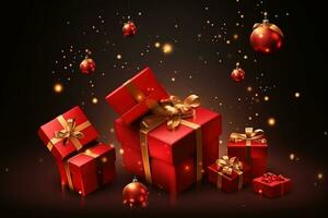 ai genererad jul gåva lådor med röd bågar och jul bollar på en svart bakgrund foto