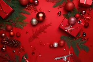 ai genererad jul dekorationer på en röd bakgrund foto