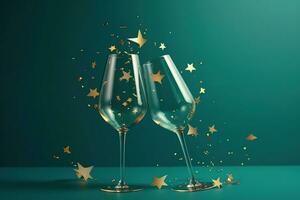 ai genererad två champagne glasögon med guld stjärnor på en grön bakgrund foto