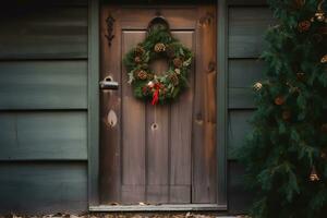 ai genererad en dörr med en krans på den och en jul träd foto