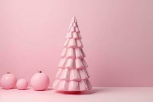 ai genererad en rosa jul träd med ornament på en rosa bakgrund foto