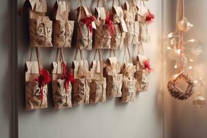 ai genererad en jul första advent kalender hängande på en vägg foto