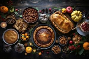 ai genererad tacksägelse middag med pajer, frukt och nötter foto