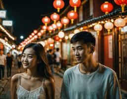 ai genererad Foto av senior asiatisk kvinna under tung regn och översvämning på väg på china gata på natt, generativ ai