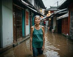 ai genererad Foto av senior asiatisk kvinna under tung regn och översvämning på väg på china gata på natt, generativ ai