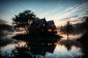 ai genererad gyllene timme eterisk drömmande sjö hus ai generativ foto