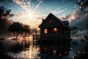 ai genererad gyllene timme eterisk drömmande sjö hus ai generativ foto