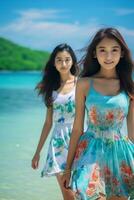 ai genererad två indonesiska kvinnor i färgrik klänningar stående på de strand foto