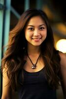 ai genererad skön leende ung asiatisk kvinna bär tank topp foto