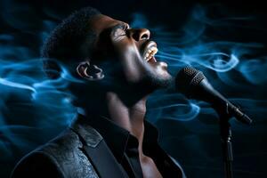 ai genererad svart kvinna sångare sång med mikrofon i främre av mörk bakgrund bokeh stil bakgrund foto