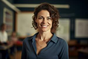 ai genererad porträtt av kvinna lärare leende i klassrum bokeh stil bakgrund foto