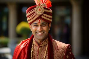 ai genererad en indisk brudgum bär traditionell brudgum utrusta leende på de kamera bokeh stil bakgrund foto