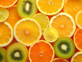 bakgrund av skära bitar av orange, citron, kiwi Foto, ai generativ foto