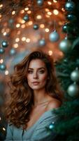 Foto av en skön kvinna i en jul träd med jul träd Bakom henne ai genererad