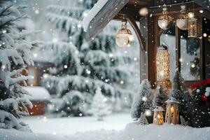 ai genererad jul dekorationer i de veranda och utomhus. generativ ai. foto