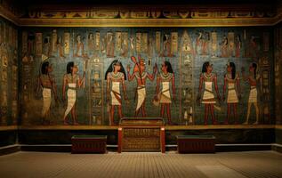 ai genererad gammal egyptisk väggmålning. skildrar scener från de liv av de gammal egyptier. egyptisk vägg målning. hieroglyf sniderier. gammal kultur och mytologi. foto