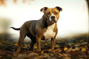 ai genererad porträtt av amerikan Staffordshire terrier på bakgrund av natur, stänga upp Foto.. ai konst foto