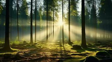 dimmig morgon- bland de åldrig träd av de skog. generativ ai foto