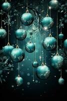 jul grannlåt i de snö, Semester bollar hängande, jul bakgrund, ai generativ foto