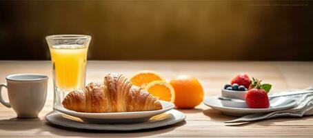 orange juice och färsk croissanter för frukost, generativ ai foto