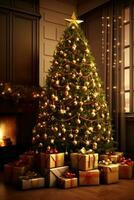 jul träd är med presenterar, stor jul träd, lampor av jul träd i de rum jul dekoration, ai generativ foto
