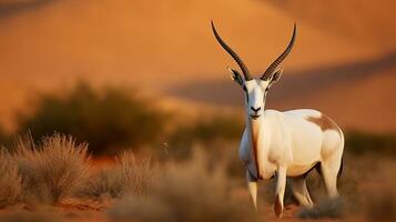 axel stöta elegans, bevittna de arab oryx i deras ren naturlig livsmiljö på shaumari boka, jordan. generativ ai foto