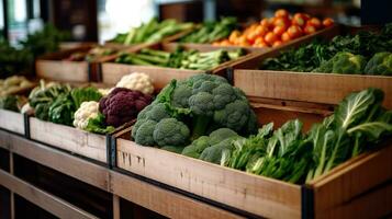 mataffär monter med trä- lådor av grönsaker. organisk färsk broccoli, paprika, sallad, lök. begrepp av bio mat och handla i matvaror Lagra. generativ ai foto