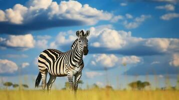 vild zebra omfamnar de grön äng under dramatisk himmel, vilda djur och växter natur. generativ ai foto