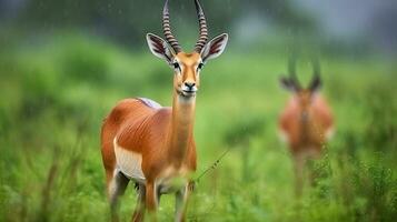 kob antilop i de grön vegetation under de regn, söt antilop i de natur livsmiljö, vilda djur och växter. generativ ai foto