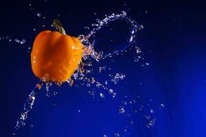 paprika frukt på en blå bakgrund stänkte med vatten skapar en stänk foto