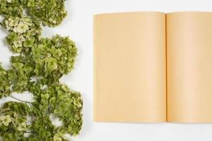 öppen anteckningsbok ligga på en bakgrund med en grön gren närbild foto