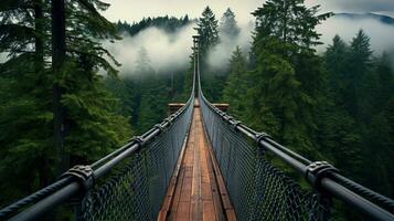 ai genererad generativ ai, trädtopp ombordstigning bro på dimmig gran skog skön landskap i hipster årgång retro stil, dimmig bergen och träd. foto