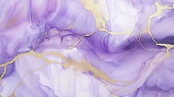 violett lavendel- vattenfärg marmor med gyllene rader bakgrund. ai genererad foto