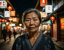 Foto av senior gammal kvinna i Kina lokal- gata marknadsföra på natt, generativ ai