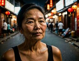 Foto av senior gammal kvinna i Kina lokal- gata marknadsföra på natt, generativ ai