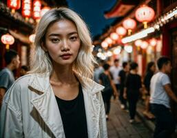 Foto av skön ung flicka i Kina lokal- gata marknadsföra på natt, generativ ai