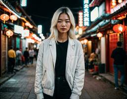 Foto av skön ung flicka i Kina lokal- gata marknadsföra på natt, generativ ai