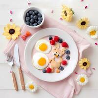 ai genererad barn friska frukost ägg blåbär hallon skön tabell miljö foto