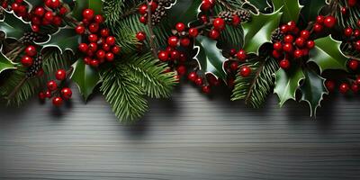jul platt lägga attrapp med gran träd grenar, järnek och röd bär på vit trä- bakgrund med kopia Plats. topp se av vinter- Semester begrepp sammansättning. ai generativ foto