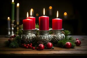 fyra röd brinnande ljus i ljusstakar för tysk första advent säsong. jul krans dekoration på mörk trä- bakgrund. ai generativ foto