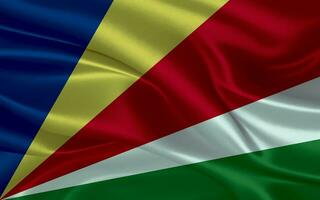 3d vinka realistisk silke nationell flagga av seychellerna. Lycklig nationell dag Seychellerna flagga bakgrund. stänga upp foto