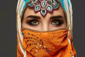 studio skott av en chrming kvinna bär de färgrik hijab dekorerad med paljetter och Smycken. arabicum stil. foto