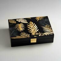 svart rektangulär låda med djungel löv dekoration i guld, generativ ai foto